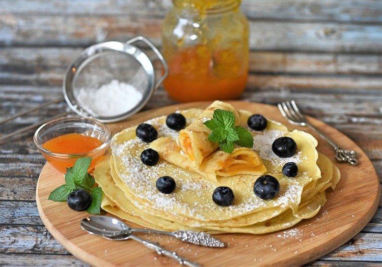 Crepes Recipe - Homemade Crepes with Apricot Marmalade, Powdered Sugar and Blueberries