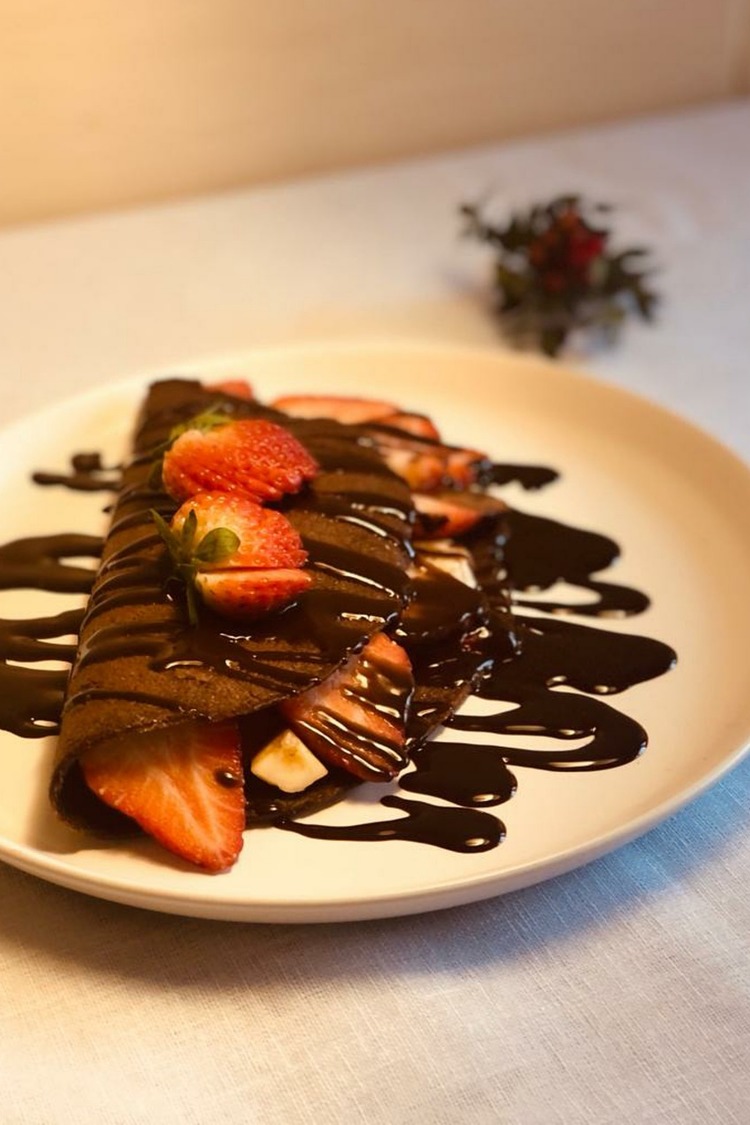 Chocolate Crepe Dessert with Syrup and Strawberries - Crepes Recipe