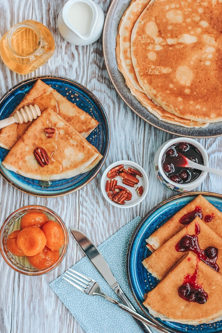 Breakfast Crepes with Pecans, Blackberry Jam, Apricots and Honey Recipe