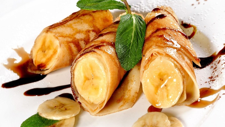 Banana Wrapped Crepes with Chocolate Syrup
